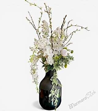 Beyaz Bahar Dalı Dekoratif Yapay Çiçek Aranjmanı