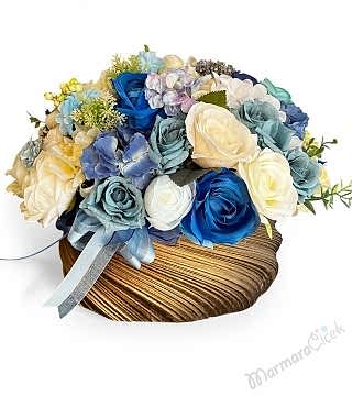 Mavi & Krem Dekoratif Yapay Çiçek Aranjmanı