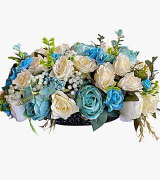 Yapay Mavi Beyaz Gül Masa Çiçeği